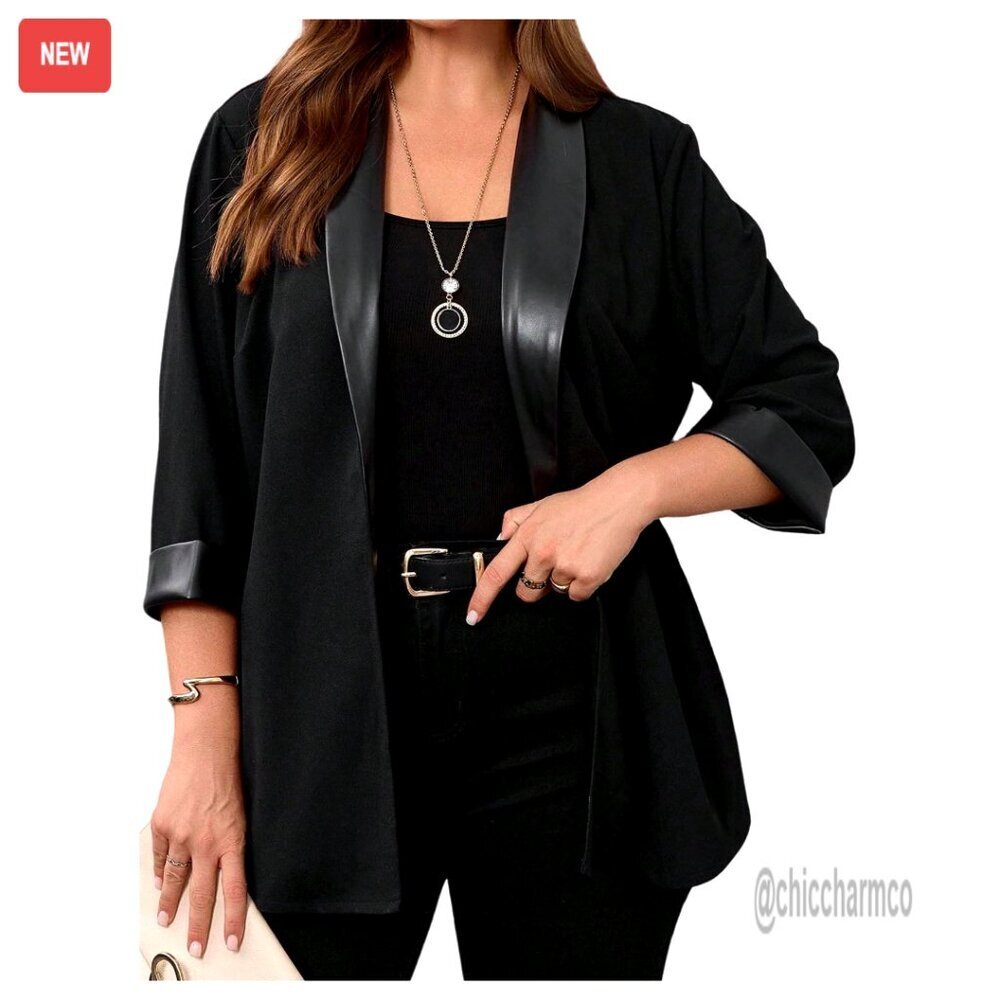 Plus Size 3/4 Sleeve Leather Trim Blazer Open Front Business Casual